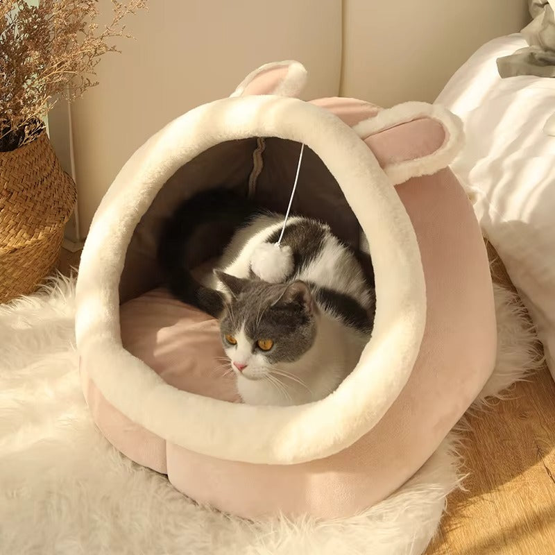 Cozy Cartoon Cat Cave Bed | Soft & Washable
